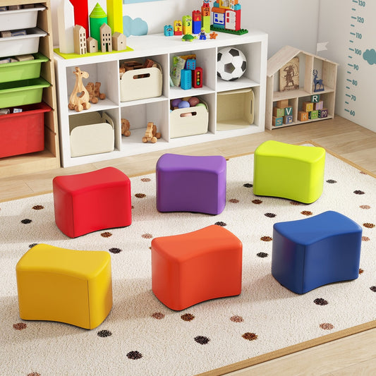 Six colourful butterfly stools for kids seating arranged in a semi-circle