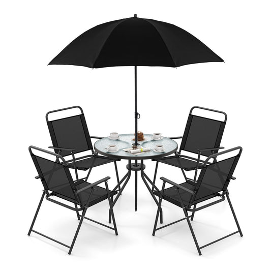 6 Piece Outdoor Dining Set with detachable umbrella for poolside in black