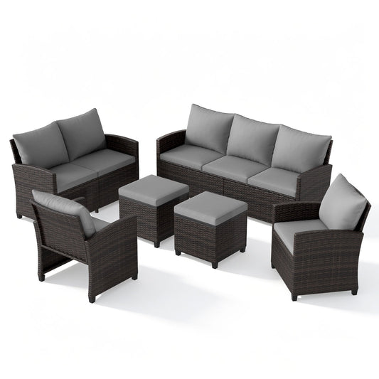 6 Pieces 9 Seats Patio Furniture Set with grey cushions on a white background