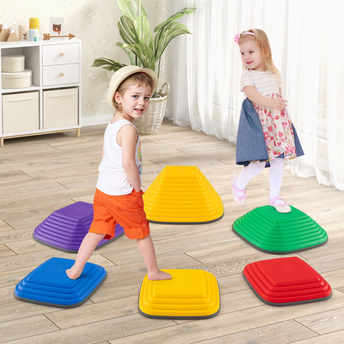 6 Pieces Kids Stepping Stone Non-Slip Square Toddler Balance Stones, the toy sports set being used by two children on a