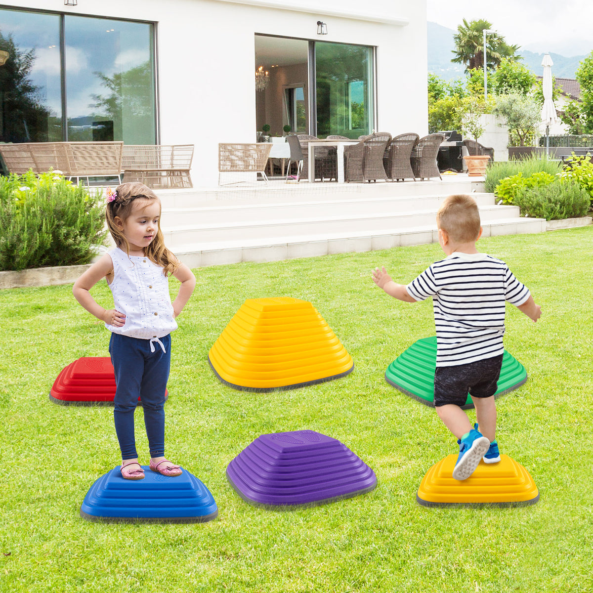 6 Pieces Kids Stepping Stone Non-Slip Square Toddler Balance Stones, the toy sports set placed on a green lawn with two