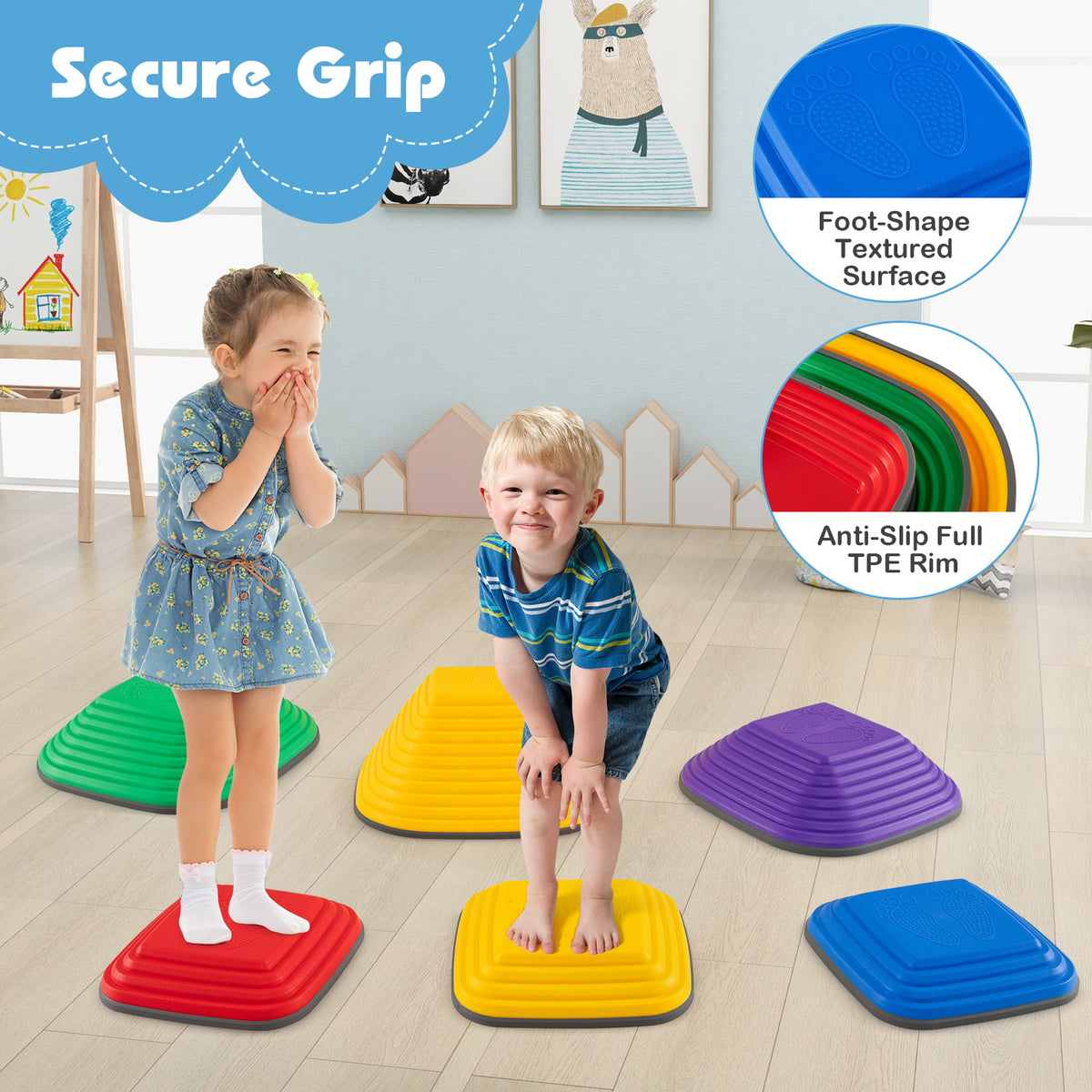 the toy sports set with close up circles highlighting the textured surface and non-slip rim