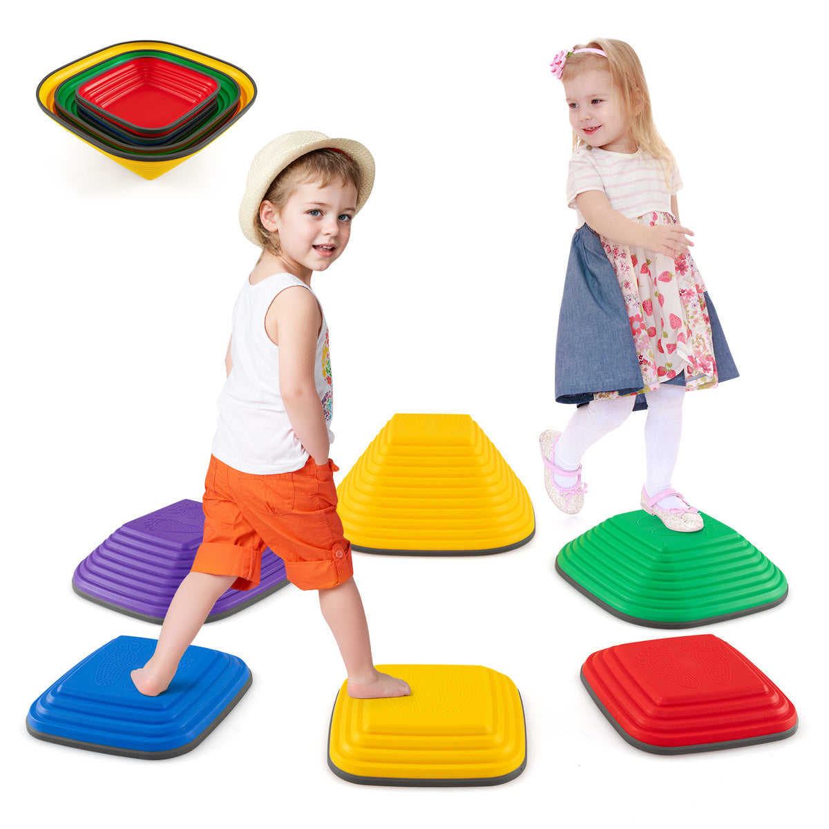 the toy sports set shown in use by children with a small inset of the stones stacked together