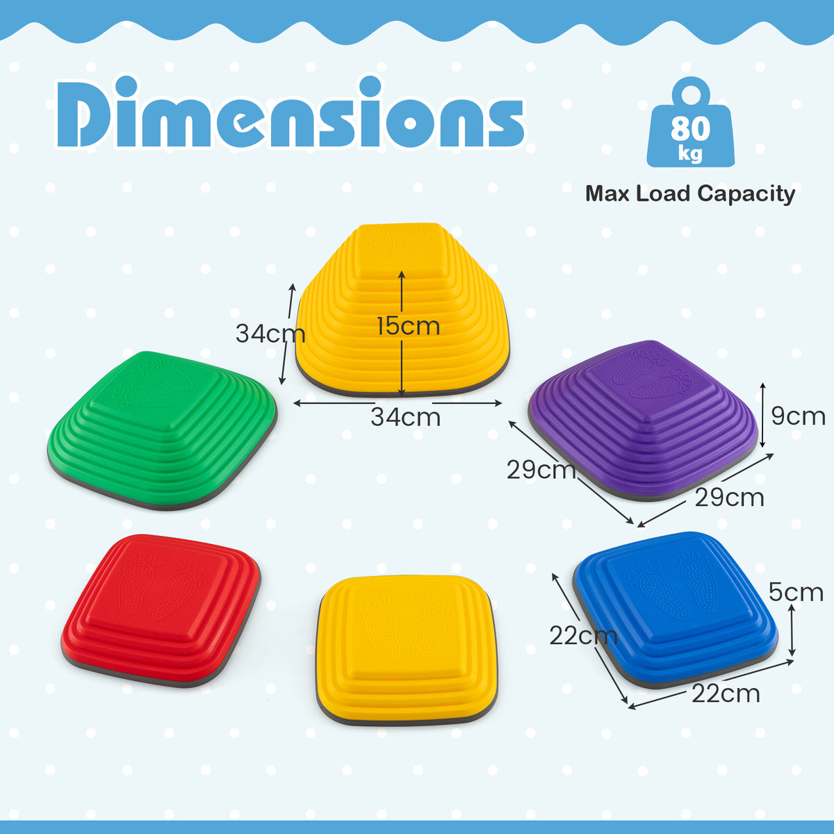 the toy sports set with arrows indicating the height and width of the different sized stones