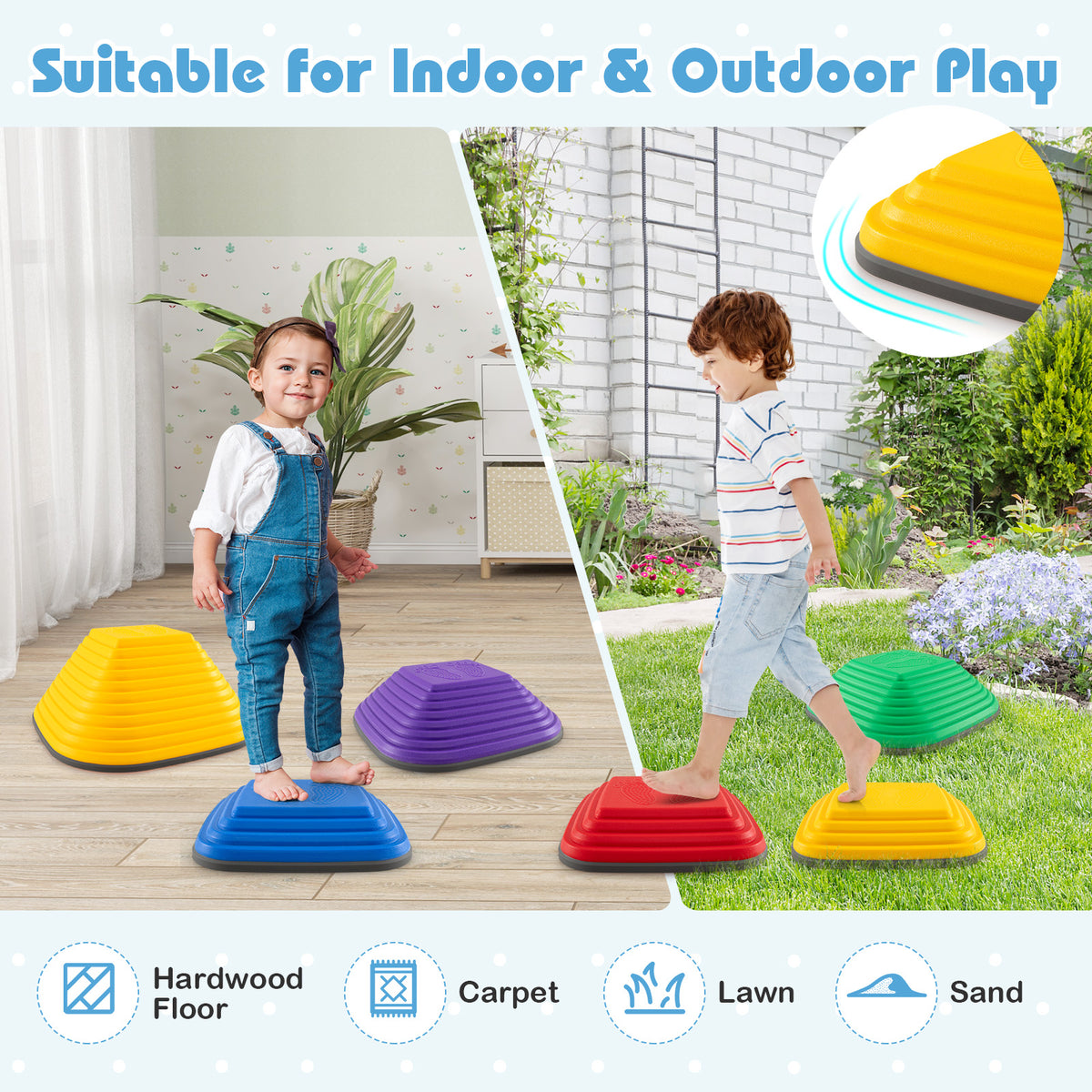 6 Pieces Kids Stepping Stone Non-Slip Square Toddler Balance Stones, the toy sports set shown in both indoor and outdoor
