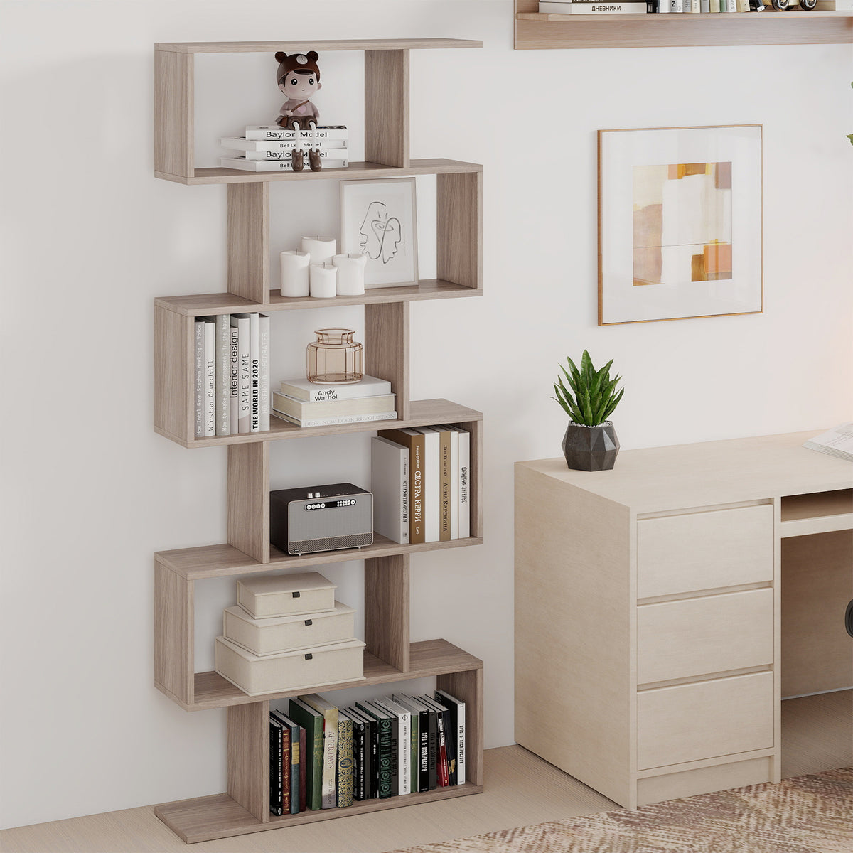 6-tier S-shaped Wooden Industrial Bookshelf-Grey