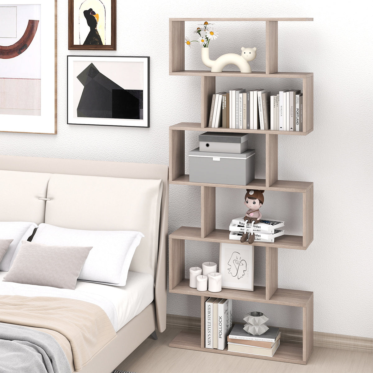 6-tier S-shaped Wooden Industrial Bookshelf-Grey