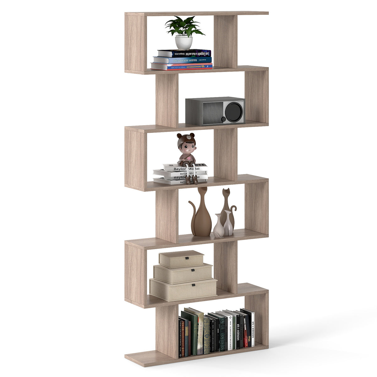 6-tier S-shaped Wooden Industrial Bookshelf-Grey