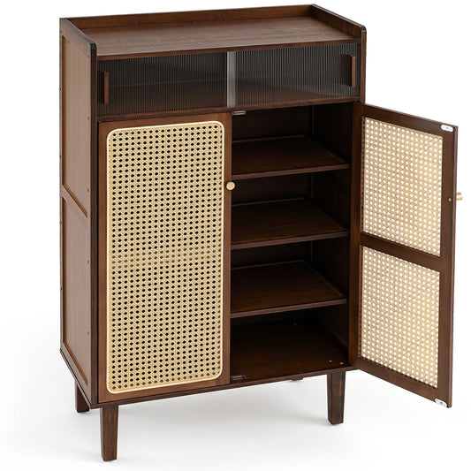 6-Tier Bamboo Shoe Cabinet with one door open showing internal shelves and a top sliding door section