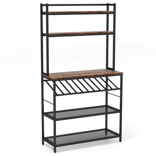 6-Tier Kitchen Baker's Rack with Wine Storage, a brown wooden top shelf and three lower shelves with metal mesh bases