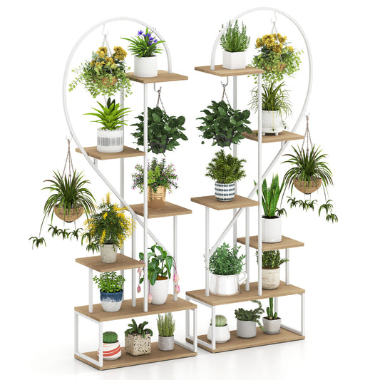 6-Tier Metal Plant Stand with a heart-shaped frame and natural wood effect shelves