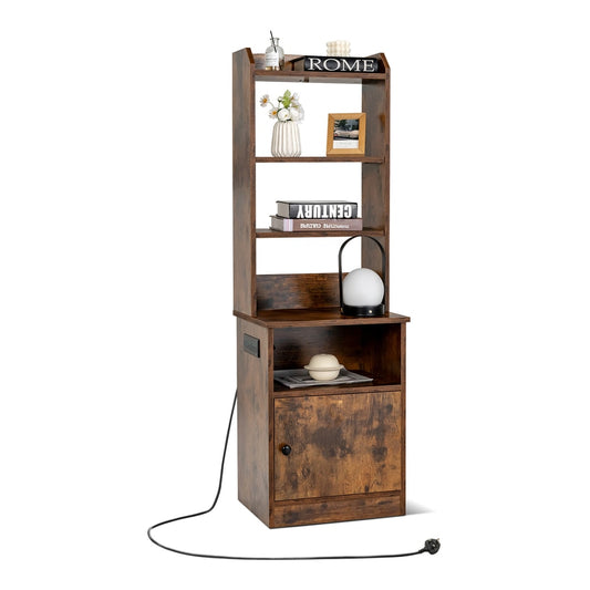 6-Tier Nightstand with a rustic brown finish, open shelves, a lower cabinet and a power cable