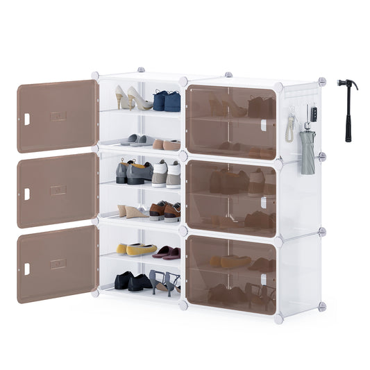 6 Tier Shoe Storage Cabinet with Removable Shelves showing all six cubes with doors open and closed