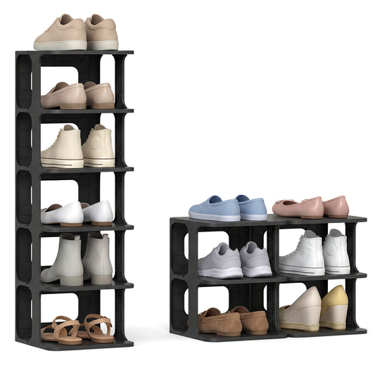 6-Tier Stackable Shoe Rack shown as a tall vertical unit and a separate wider low configuration