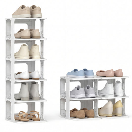 6-Tier Stackable Shoe Rack in white, showing two units side by side with shoes on each shelf