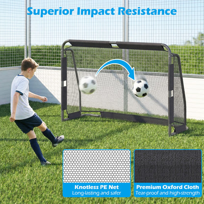 The soccer goal set showing its net and frame with a boy kicking a ball