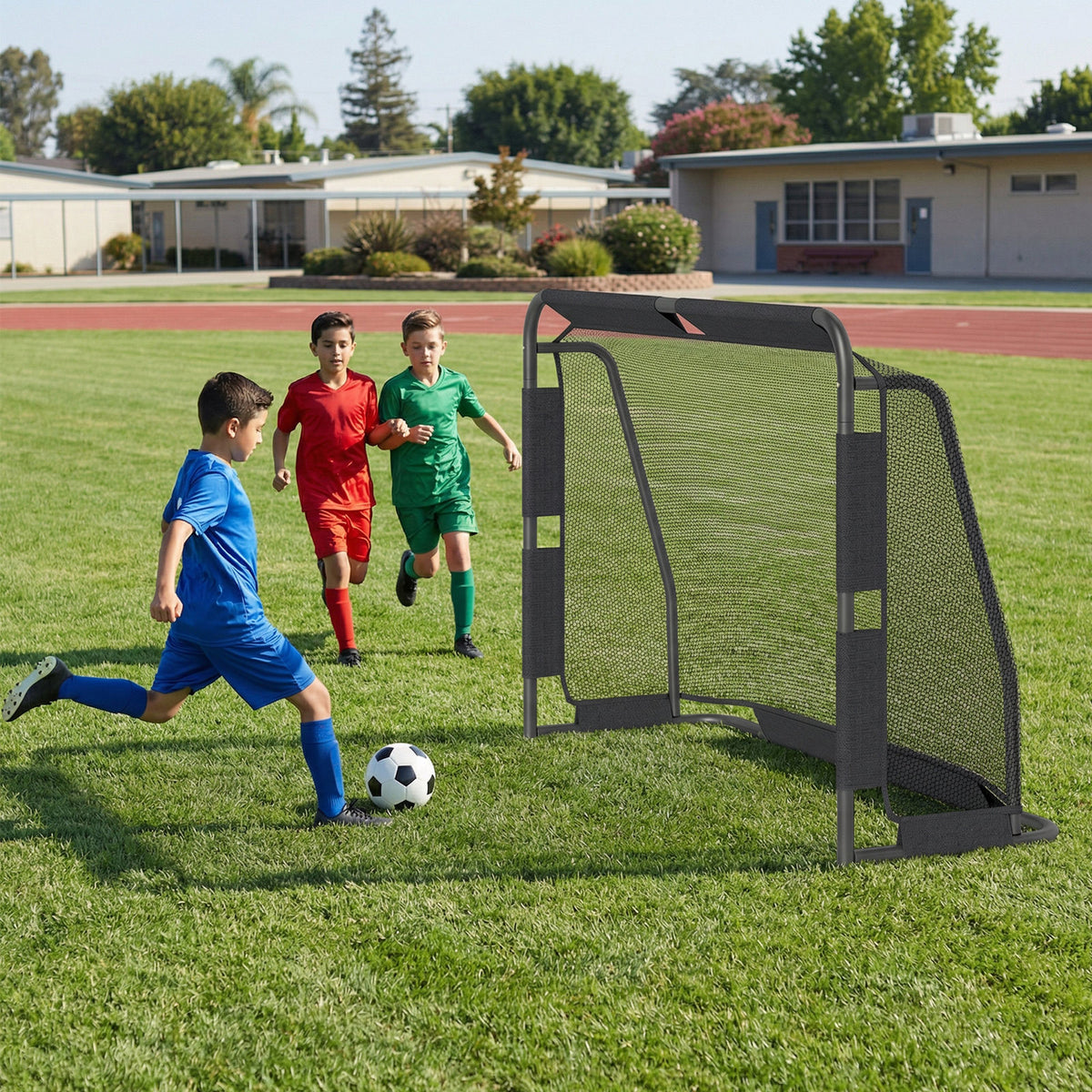 Children playing soccer with the goal set on a sports field