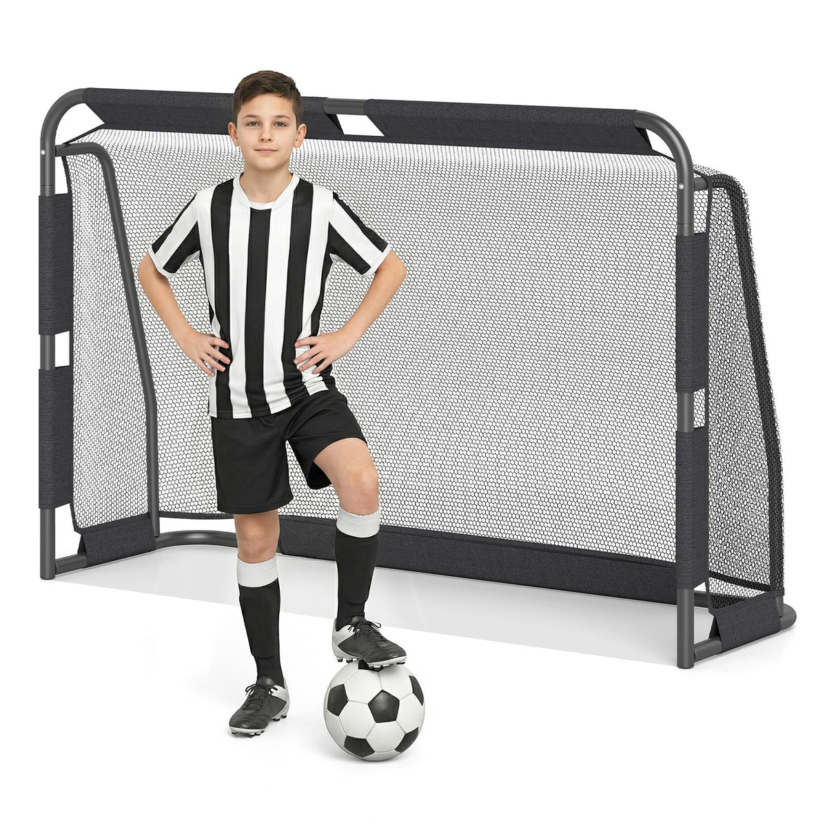 Soccer Goal Set with a young boy standing next to it on a white background