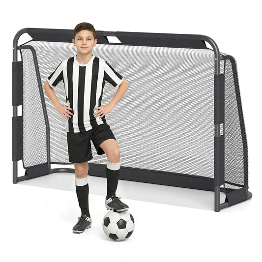 Soccer Goal Set with a young boy standing next to it on a white background