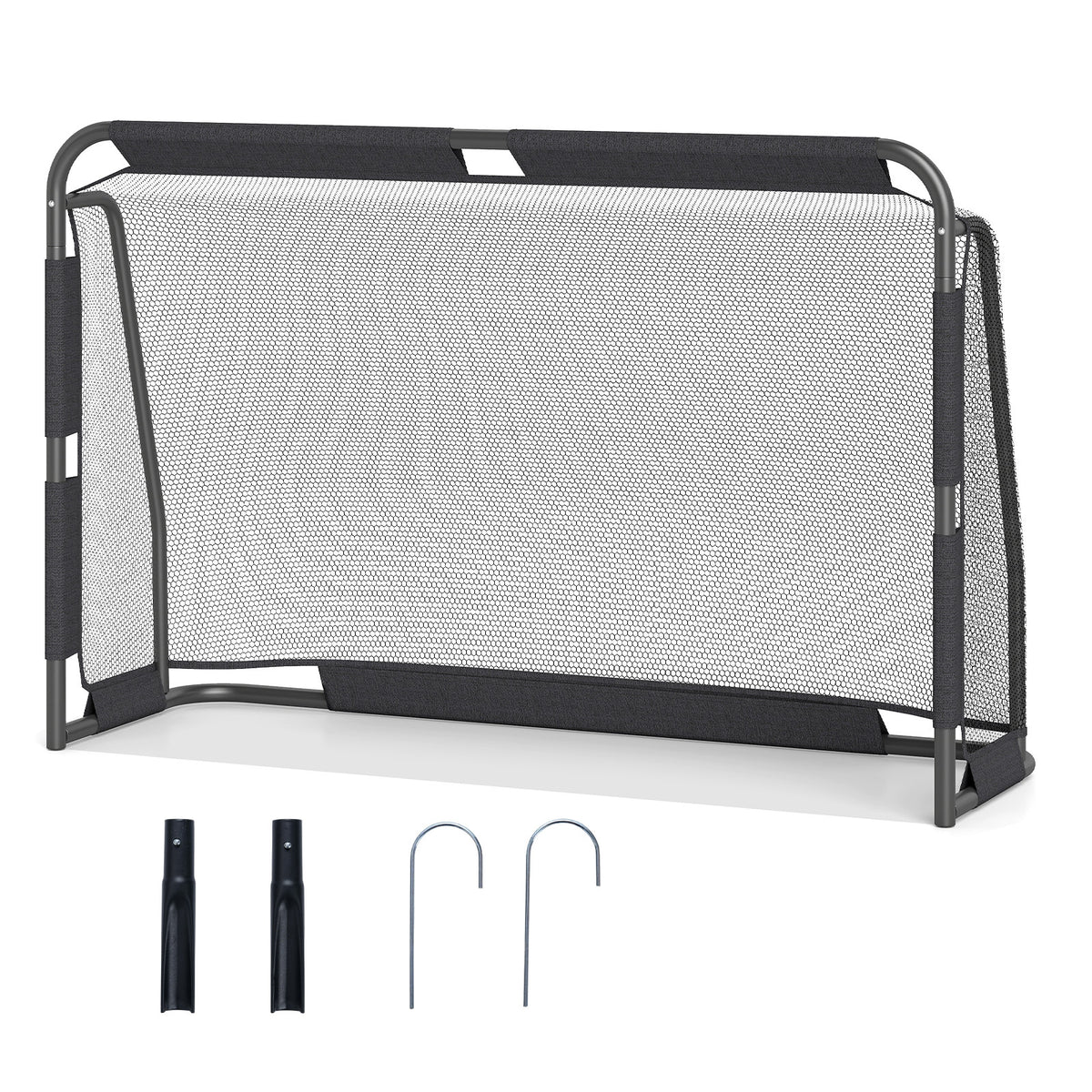 The soccer goal set with anchoring system parts laid out