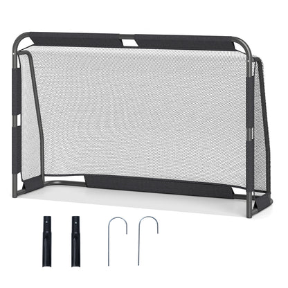 The soccer goal set with anchoring system parts laid out