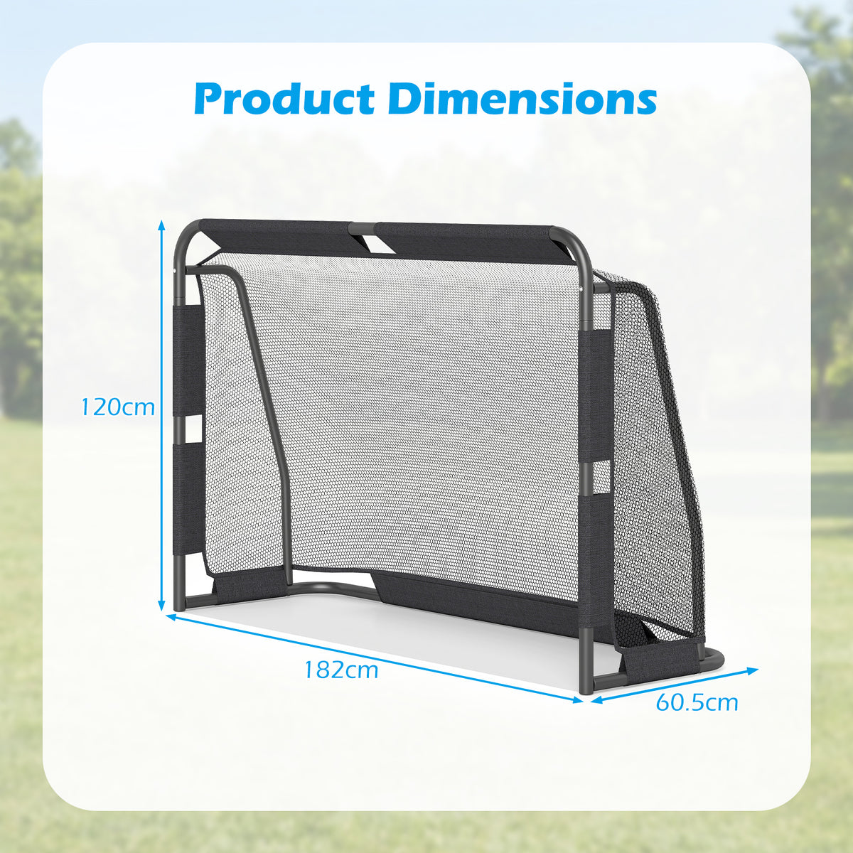 Product dimensions diagram for the soccer goal set
