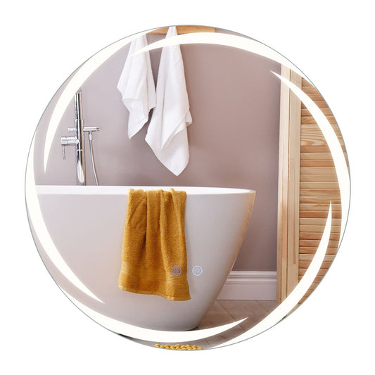 60 cm Round LED Bathroom Mirror reflecting a modern bathtub and white towels in a bright bathroom