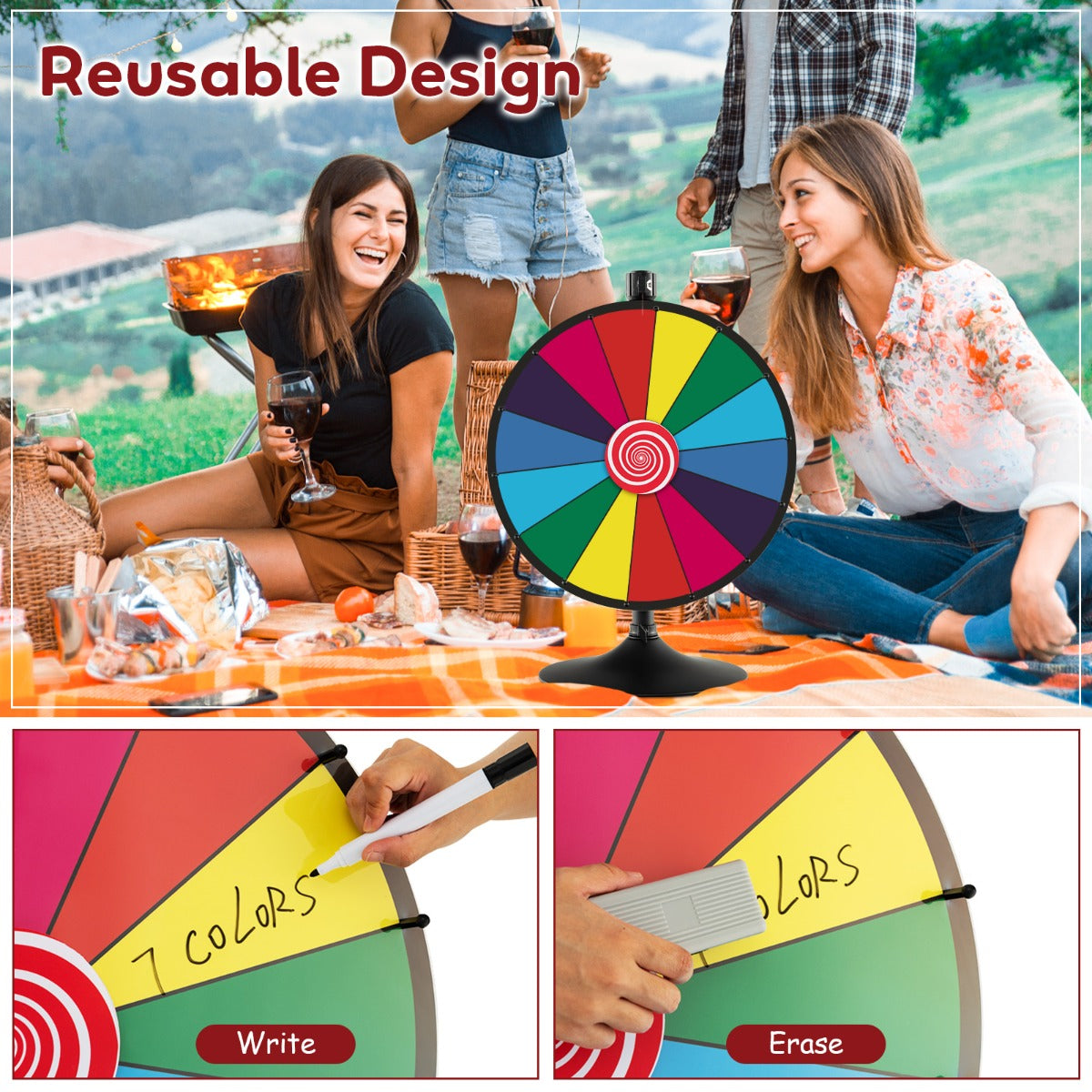 The prize wheel being written on and erased at a picnic