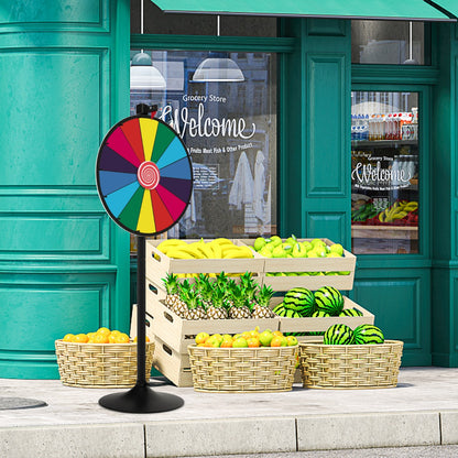 The prize wheel displayed outside a grocery store with fruit displays