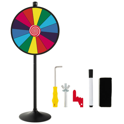 The prize wheel and its accessories laid out on a white background