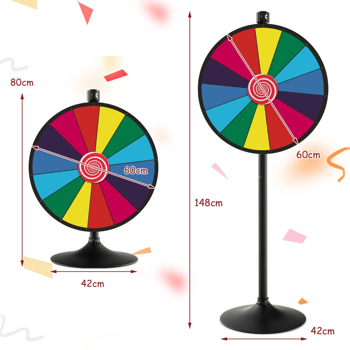 A size diagram showing the dimensions of the prize wheel and stand
