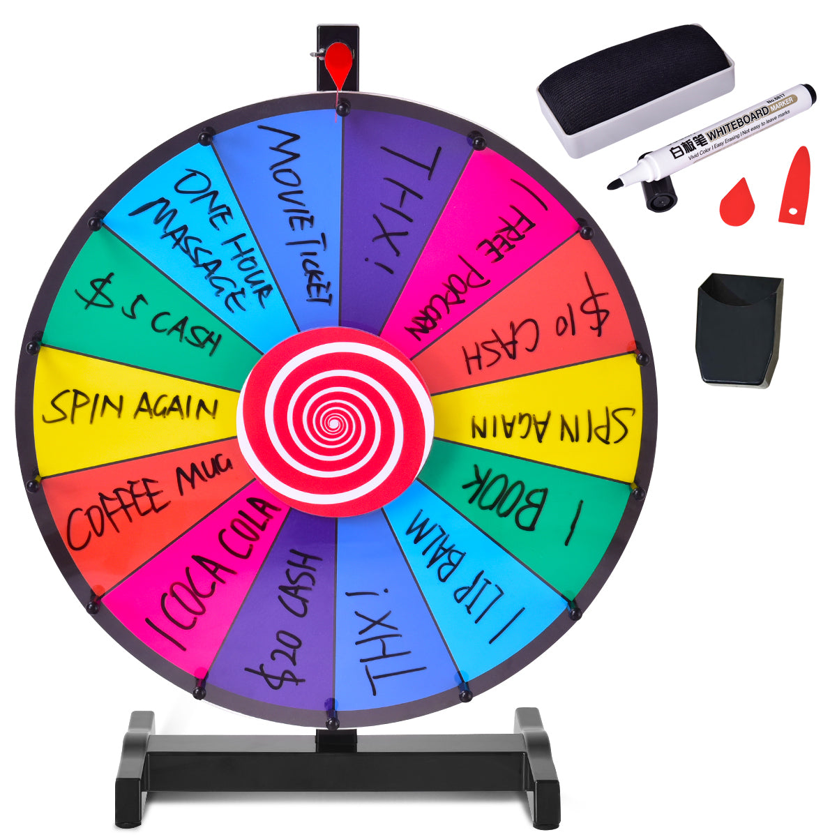 The prize wheel with text segments and included accessories