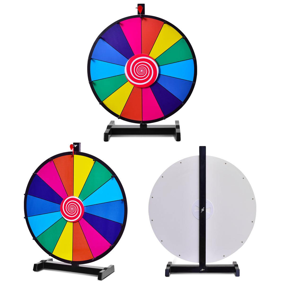 Three views of the prize wheel: front, side and back