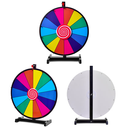 Three views of the prize wheel: front, side and back