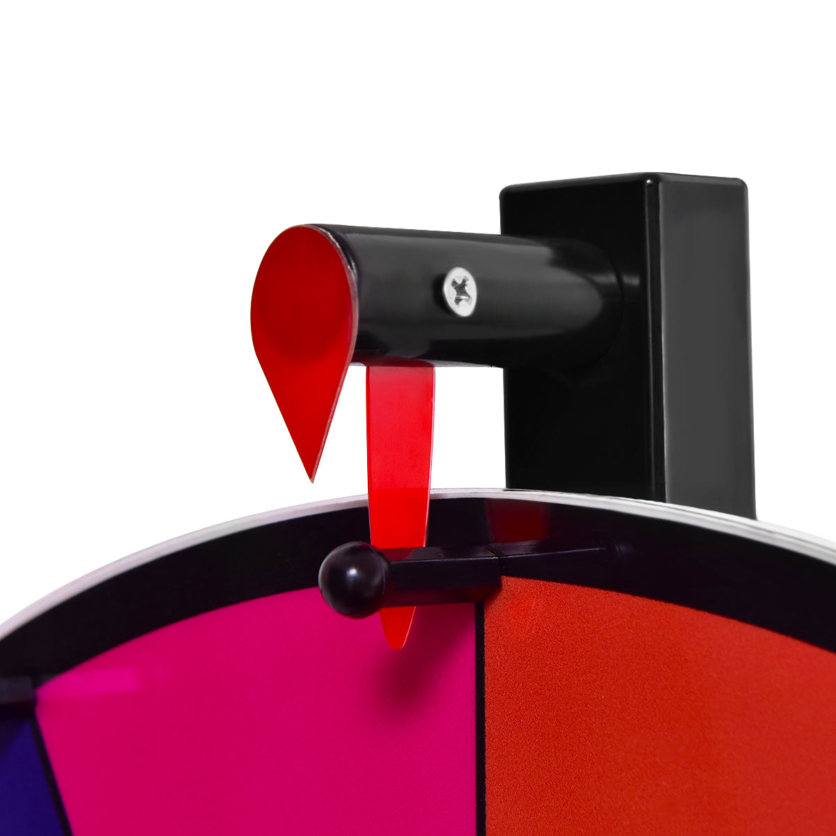 Close-up of the spinning pointer on the prize wheel