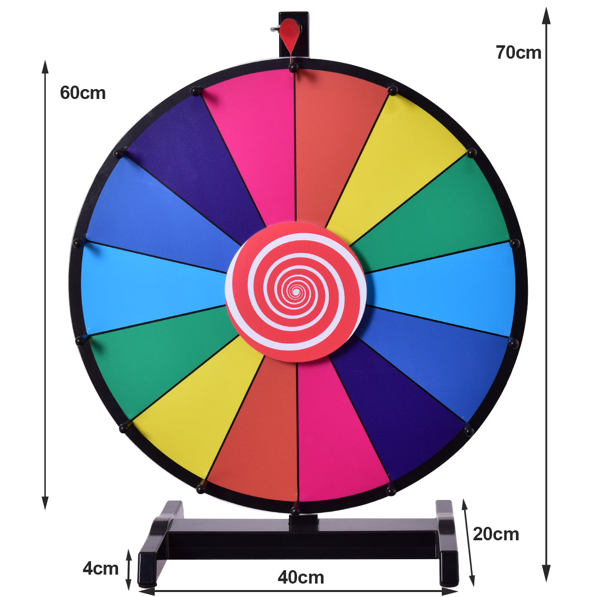 The prize wheel with dimensions shown for height and width