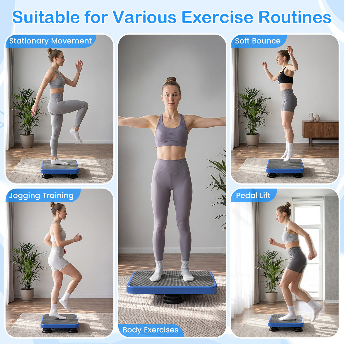 Kids Rebounder Bouncing Board, collage of five women performing different exercises on the blue and grey mini trampoline
