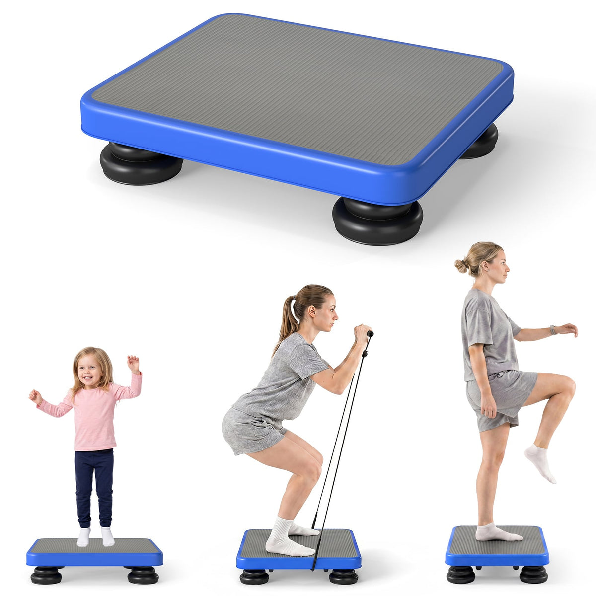 Kids Rebounder Bouncing Board with blue frame and grey top, showing the product from above and two side views
