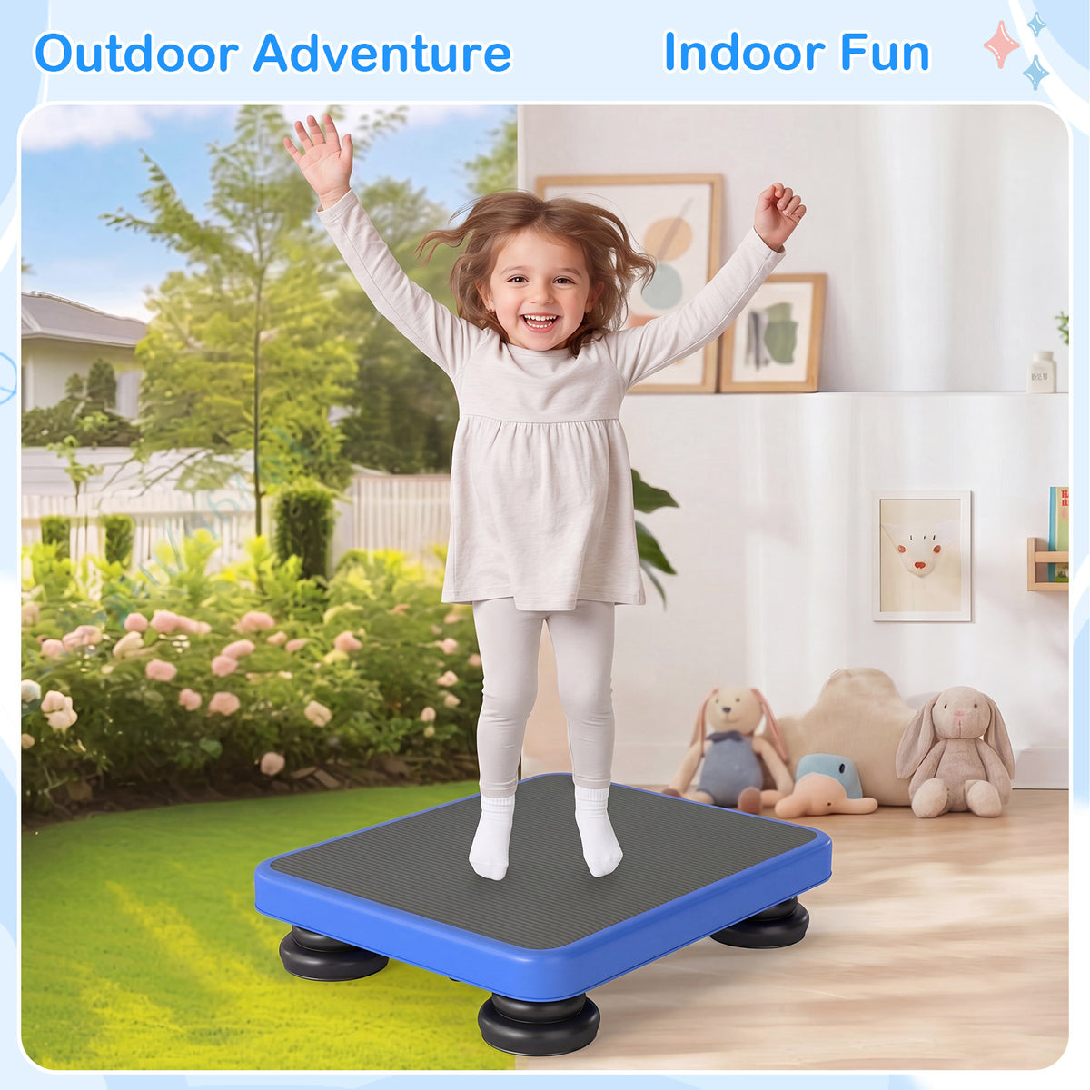 Kids Rebounder Bouncing Board, a young girl jumps joyfully on the blue and grey mini trampoline outdoors