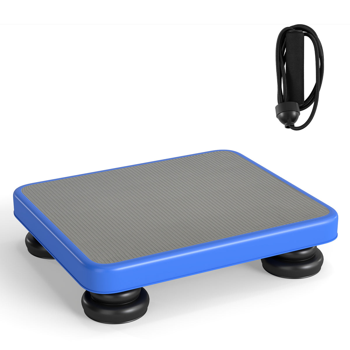 The blue and grey mini trampoline with its black elastic rope accessory
