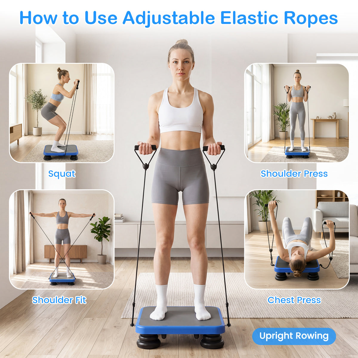 Collage showing five different exercises using the adjustable elastic ropes with the mini trampoline