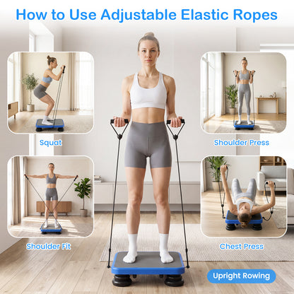 Collage showing five different exercises using the adjustable elastic ropes with the mini trampoline