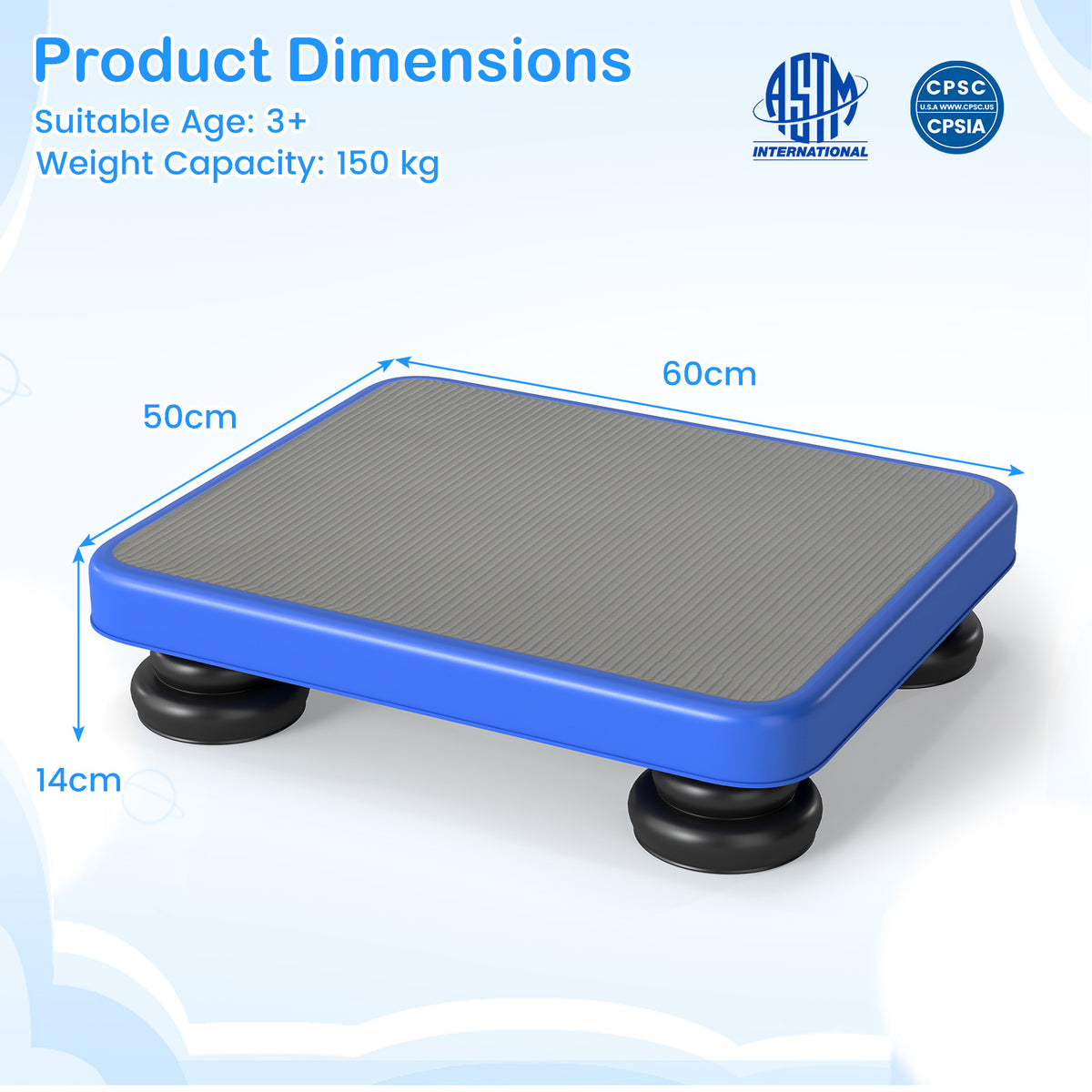 Kids Rebounder Bouncing Board, a diagram showing the dimensions of the blue and grey mini trampoline