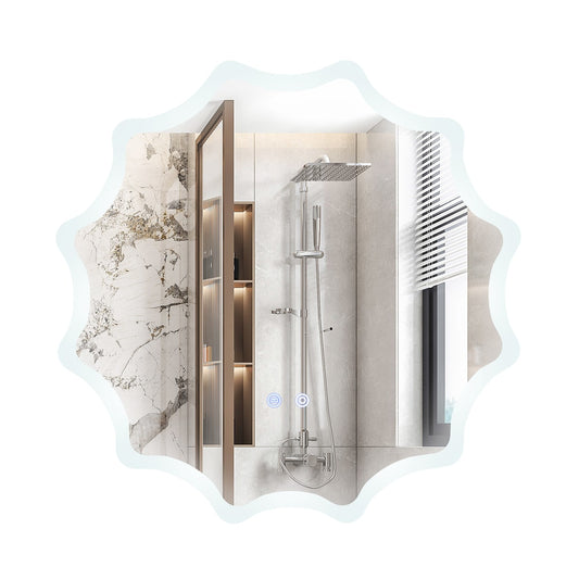 LED Waved Edge Round Wall Mirror with 3-Color Lights, a silver mirror with a wavy edge reflecting a shower