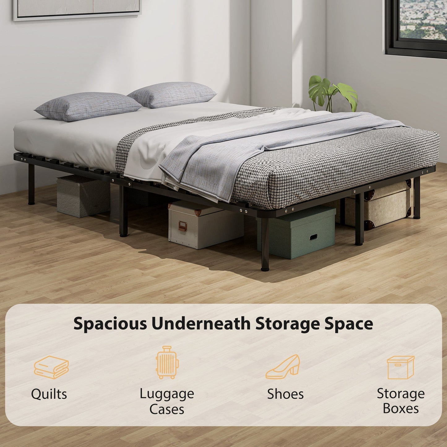 HOMCOM 4ft6 Double Bed Frame, Metal Platform Bed Frame with 2 x 14 Wood Slats, No Box Spring Needed, Underbed Storage, Black
