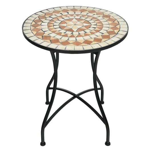 60cm Mosaic Round Coffee Table with a patterned stone top and black metal legs