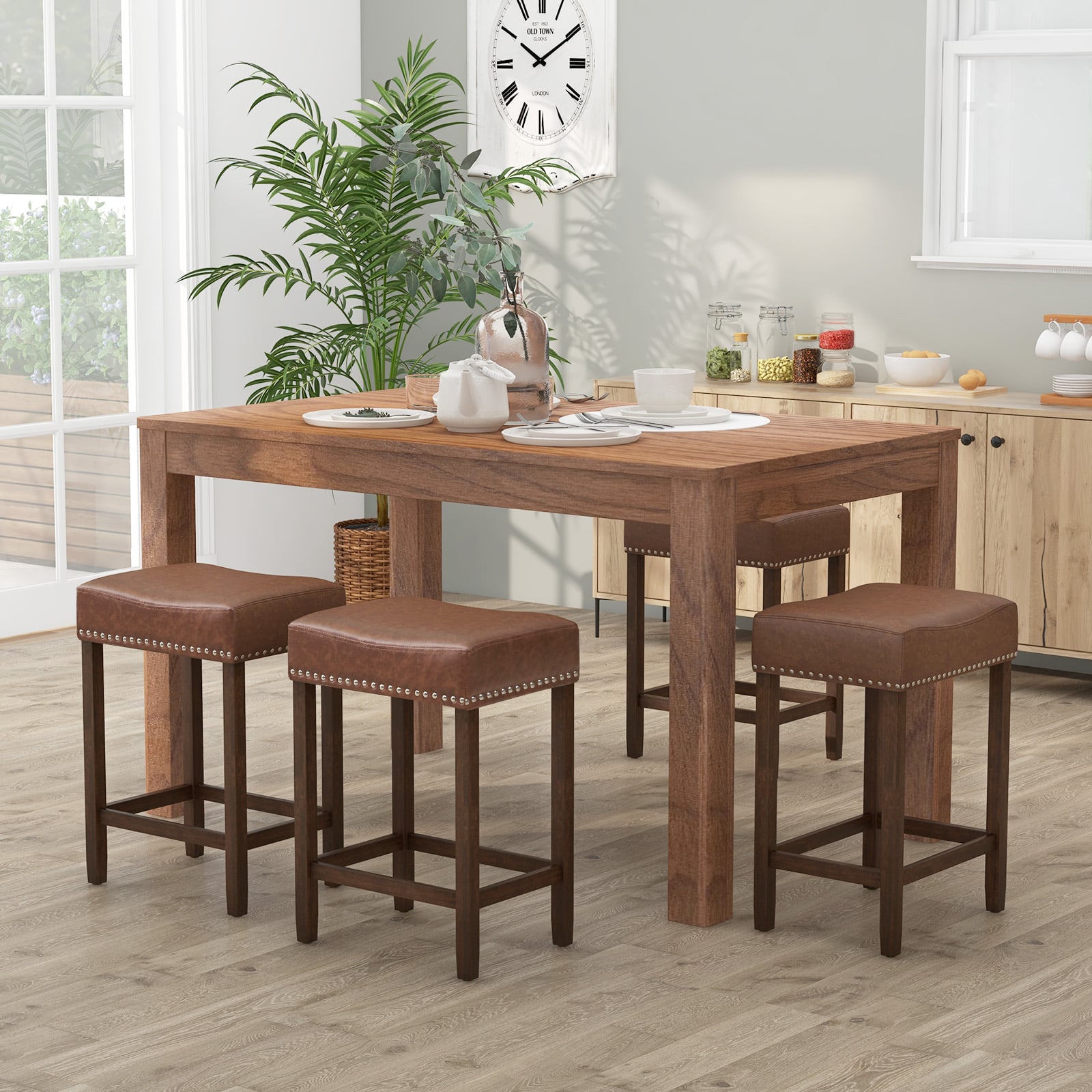 60cm Bar Stool Set of 2 Counter Height Saddle Stools-Brown