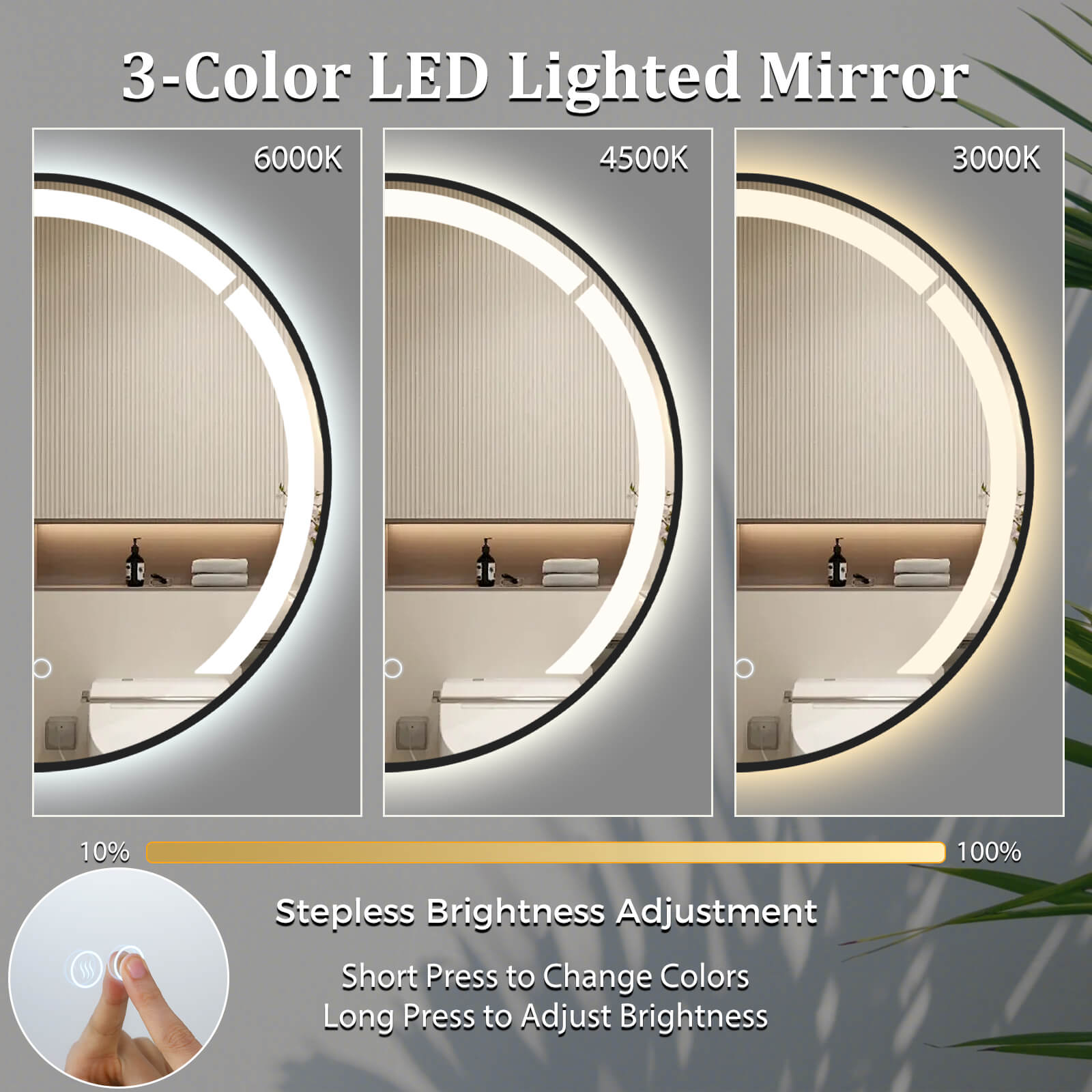 60 cm Round LED Bathroom Mirror with 3 Light Colors-Black