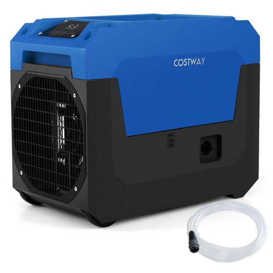 60L/Day Commercial Dehumidifier with Pump Portable Industrial Dehumidifier in blue and black with a clear hose attached