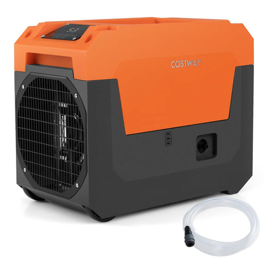 60L/Day Commercial Dehumidifier with Pump Portable Industrial Dehumidifier in orange and grey with a clear hose